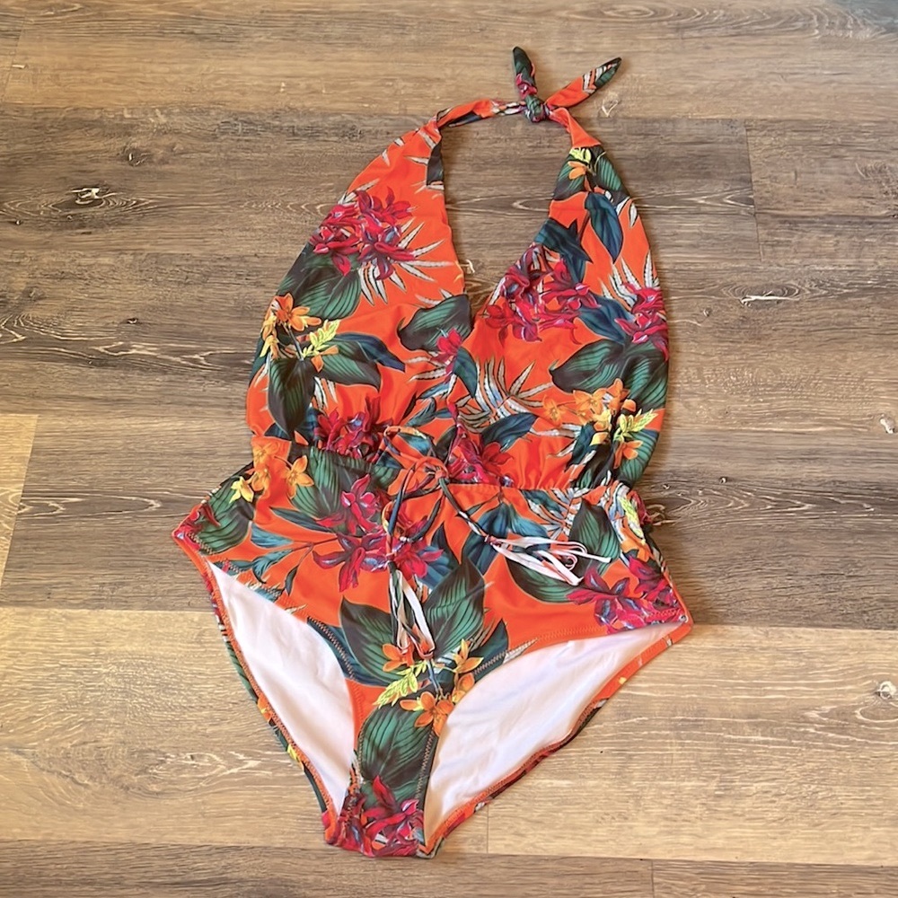 Missguided Orange Floral One Piece Swimsuit NWOT